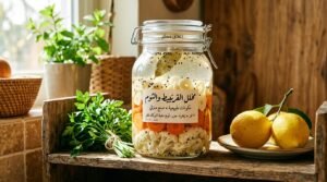 [صورة توضيحية: برطمان زجاجي شفاف سعة 2 لتر مع غطاء محكم الإغلاق، يحتوي على طبقات من زهرات القرنبيط البيضاء والجزر البرتقالي المقطع حلقات وفصوص الثوم الكاملة، مغمورة تماماً في محلول ملحي شفاف مع أوراق الغار وحبة البركة السوداء المنتشرة فيه. البرطمان موضوع على رف خشبي في زاوية مطبخ مشمسة بجانب حزمة من البقدونس الطازج وليمونة صفراء.]