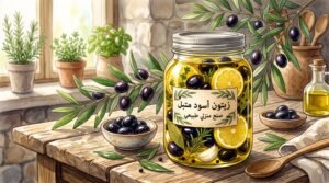 [صورة توضيحية: برطمان زجاجي شفاف يحتوي على حبات زيتون أسود لامع مغمورة في زيت زيتون ذهبي مع شرائح ليمون صفراء وفصوص ثوم بيضاء، وخلف البرطمان غصن زيتون أخضر طازج، وإضاءة طبيعية دافئة تبرز التفاصيل.]