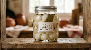 [صورة توضيحية: برطمانات زجاجية شفافة مرتبة على رف خشبي في الثلاجة، تحتوي على شرائح البصل الأحمر والأبيض والأخضر المخللة، مع أغطية معدنية لامعة، ومحلول التخليل الصافي، وبعض حبات الفلفل الأسود والثوم الموزعة بداخلها، مع ورقة غار صغيرة على السطح، وإضاءة خلفية ناعمة تبرز لمعان البرطمانات.]